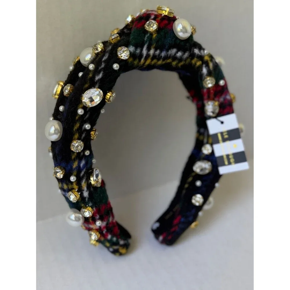 Lele Sadoughi Pearl and Crystal Flannel Knotted Headband Jet Plaid One Size